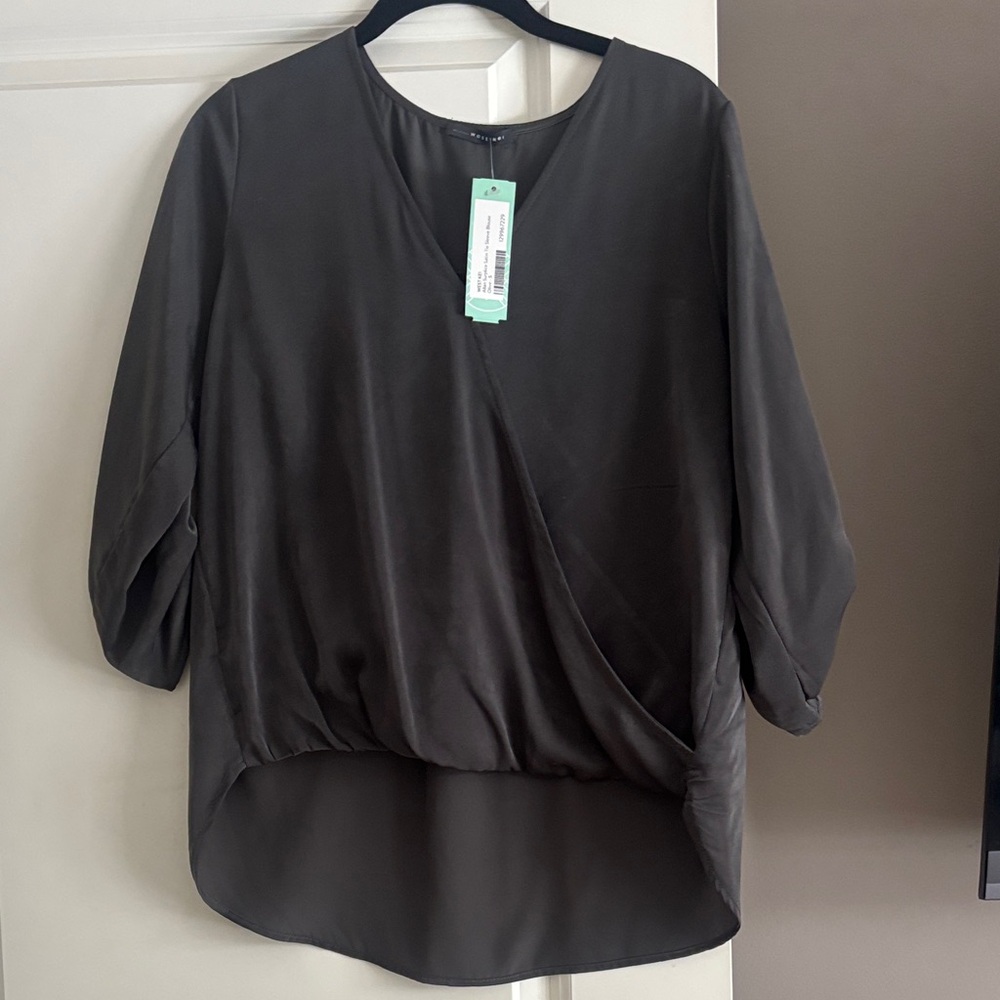 West Kei Satin Surplice Wrap Blouse Olive Gray Size Small NWT